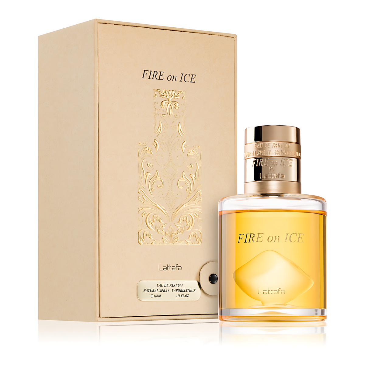 Lattafa Fire On Ice fragrance bottle and box