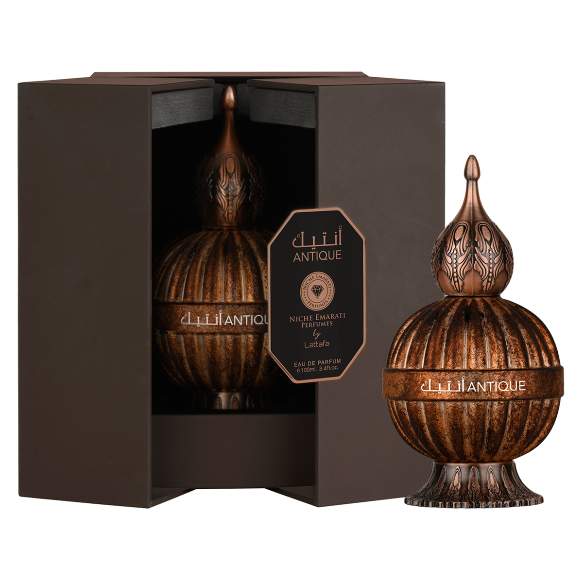 Lattafa Niche Emarati Antique 100 mL Eau de Parfum bottle and box